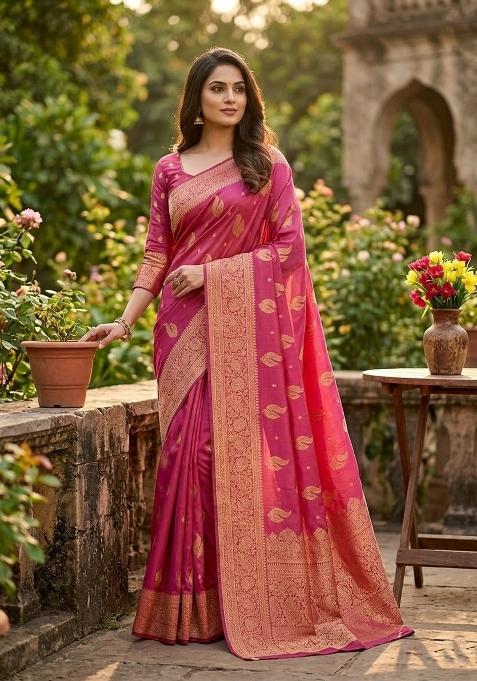 Pink Zari Weaving Banarasi Saree Set
