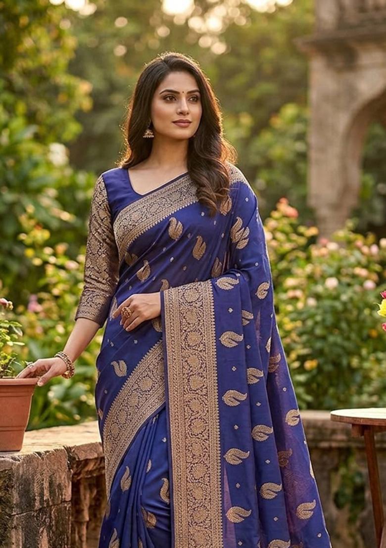 Blue Zari Weaving Banarasi Saree Set - Indya
