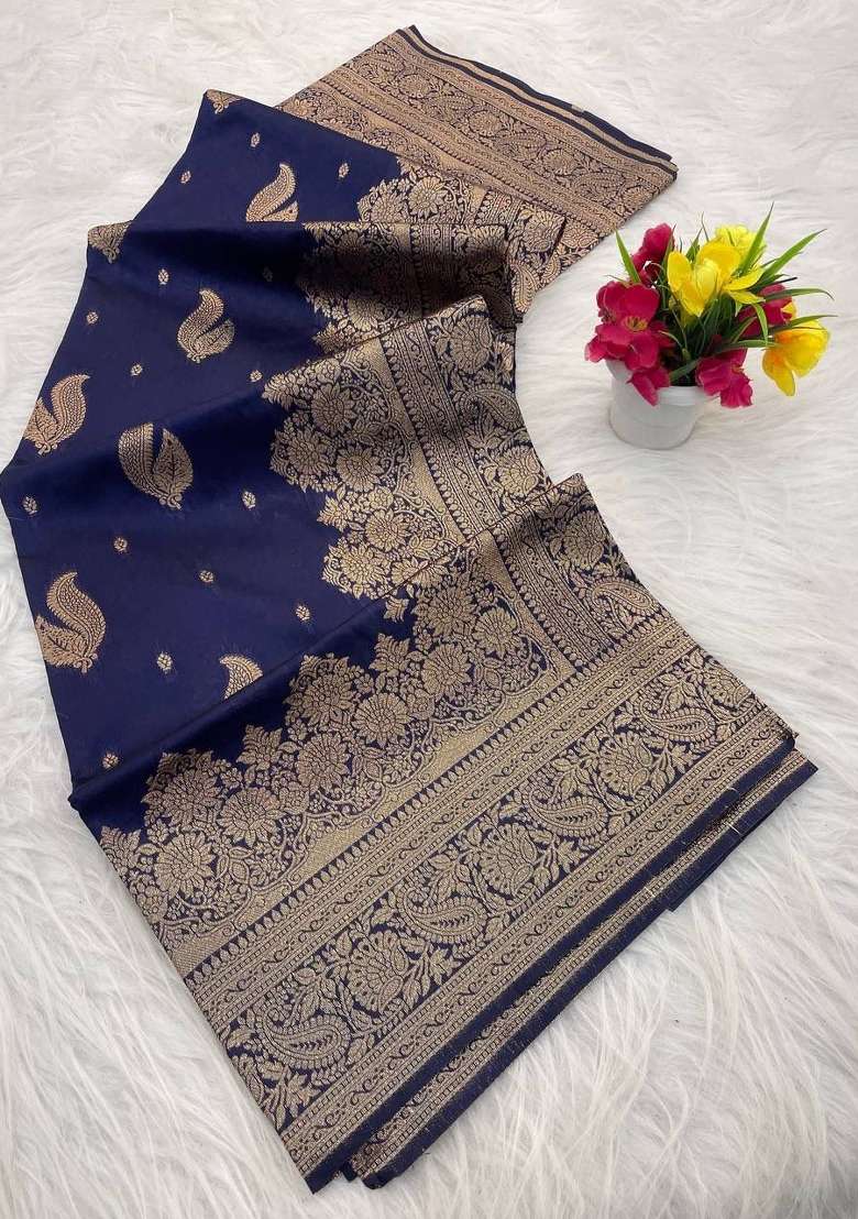 Blue Zari Weaving Banarasi Saree Set for Diwali | Wedding & Festive Wear - Indya
