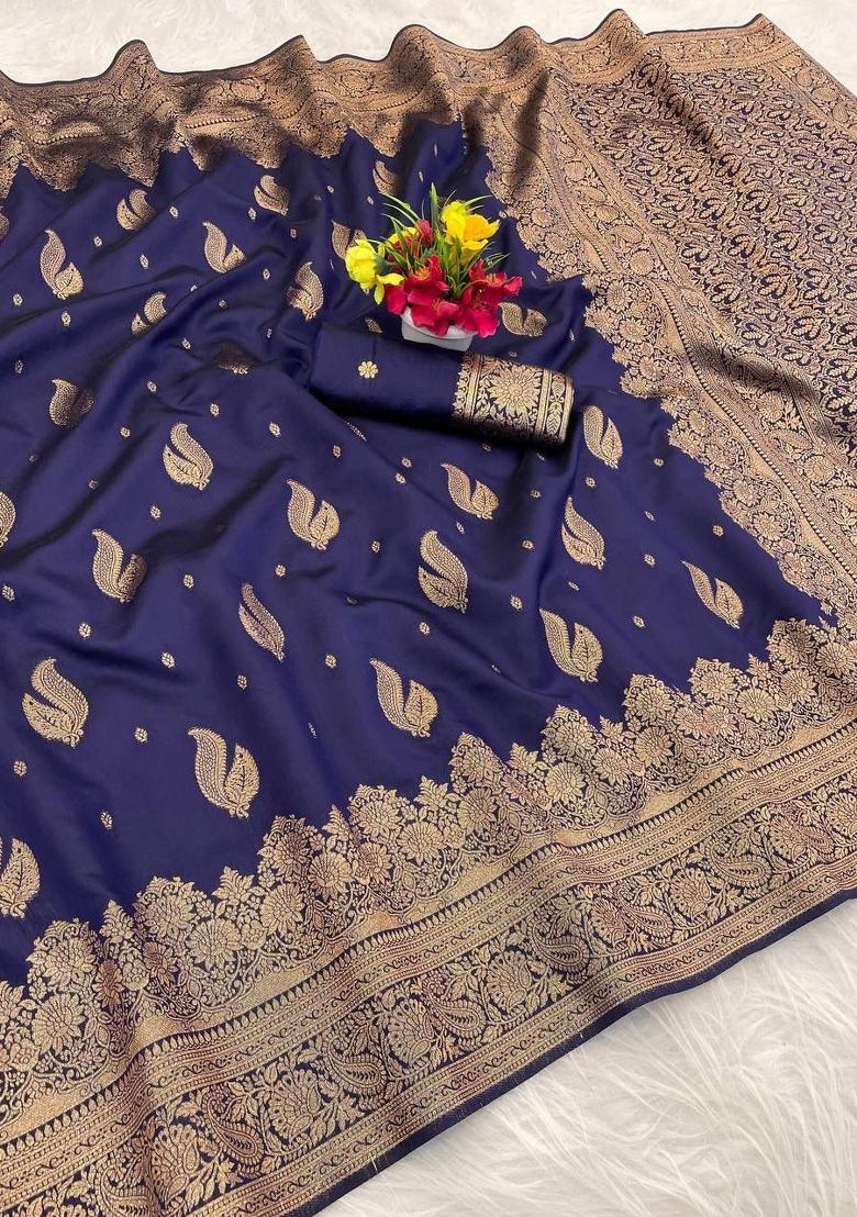 Blue Zari Weaving Banarasi Saree Set - Indya