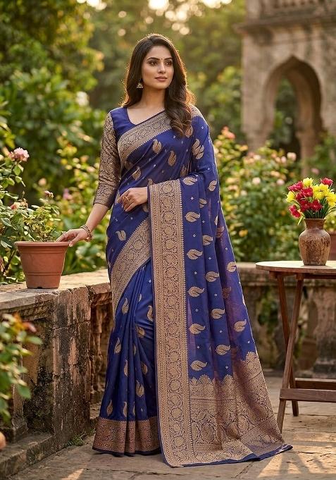 Blue Zari Weaving Banarasi Saree Set