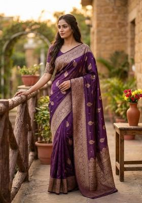 Purple Zari Weaving Banarasi Saree Set