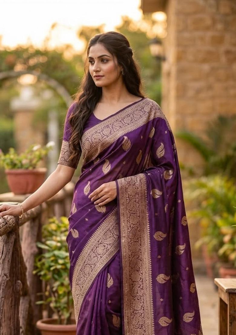 Purple Zari Weaving Banarasi Saree Set - Indya