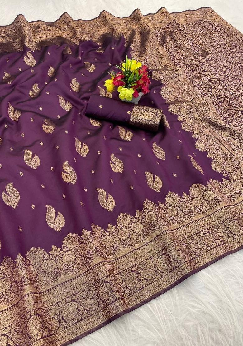 Purple Zari Weaving Banarasi Saree Set - Indya