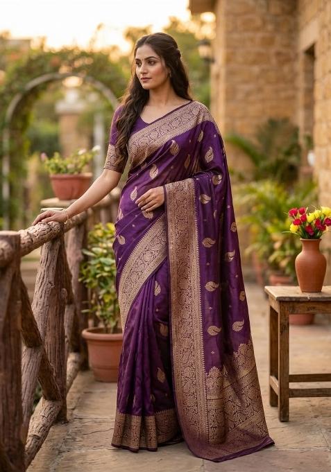 Purple Zari Weaving Banarasi Saree Set