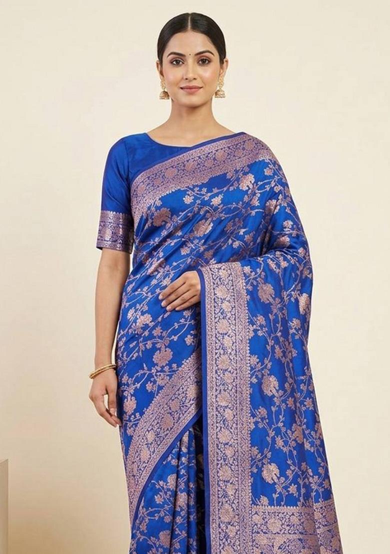 Blue Zari Weaving Silk Saree Set - Indya