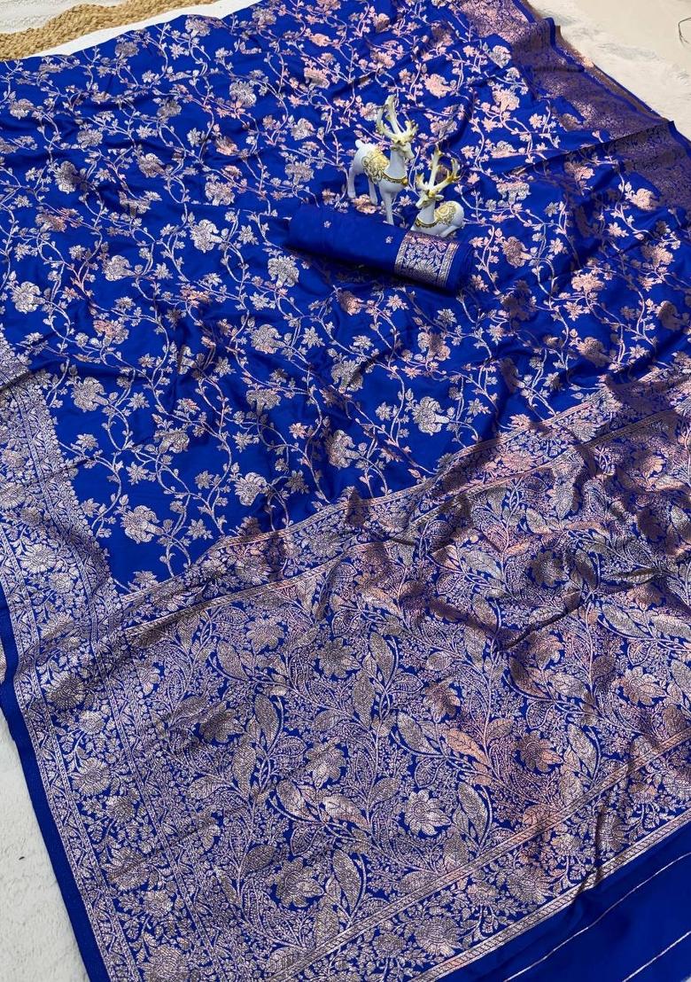 Blue Zari Weaving Silk Saree Set - Indya
