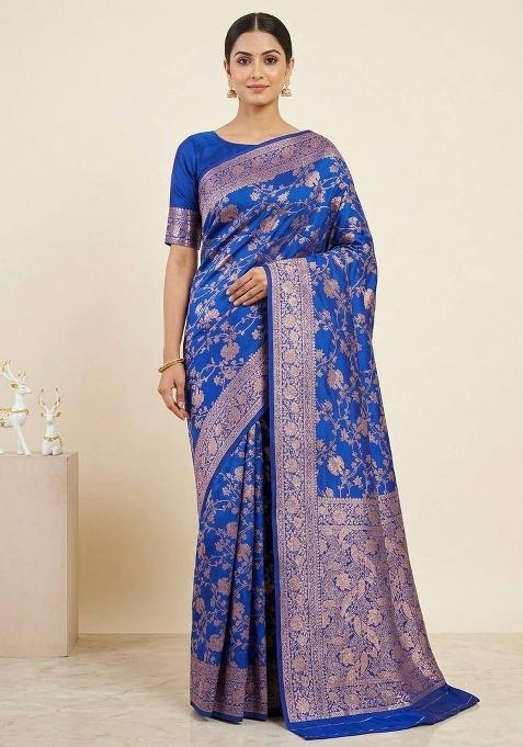Blue Zari Weaving Silk Saree Set