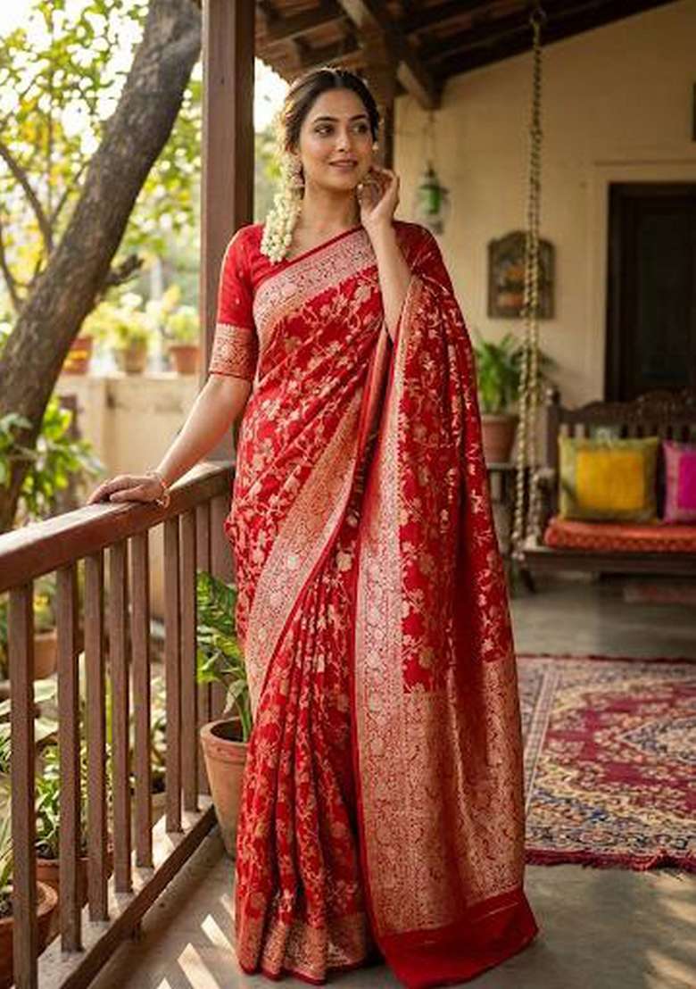 Red Zari Weaving Silk Saree Set for Diwali | Wedding & Festive Wear - Indya