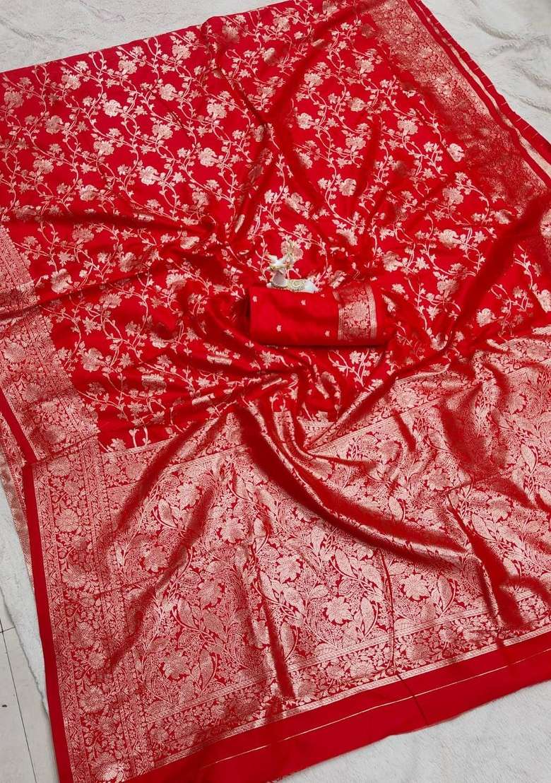 Red Zari Weaving Silk Saree Set for Diwali | Wedding & Festive Wear - Indya