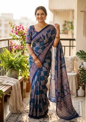 Blue Printed Silk Saree Set