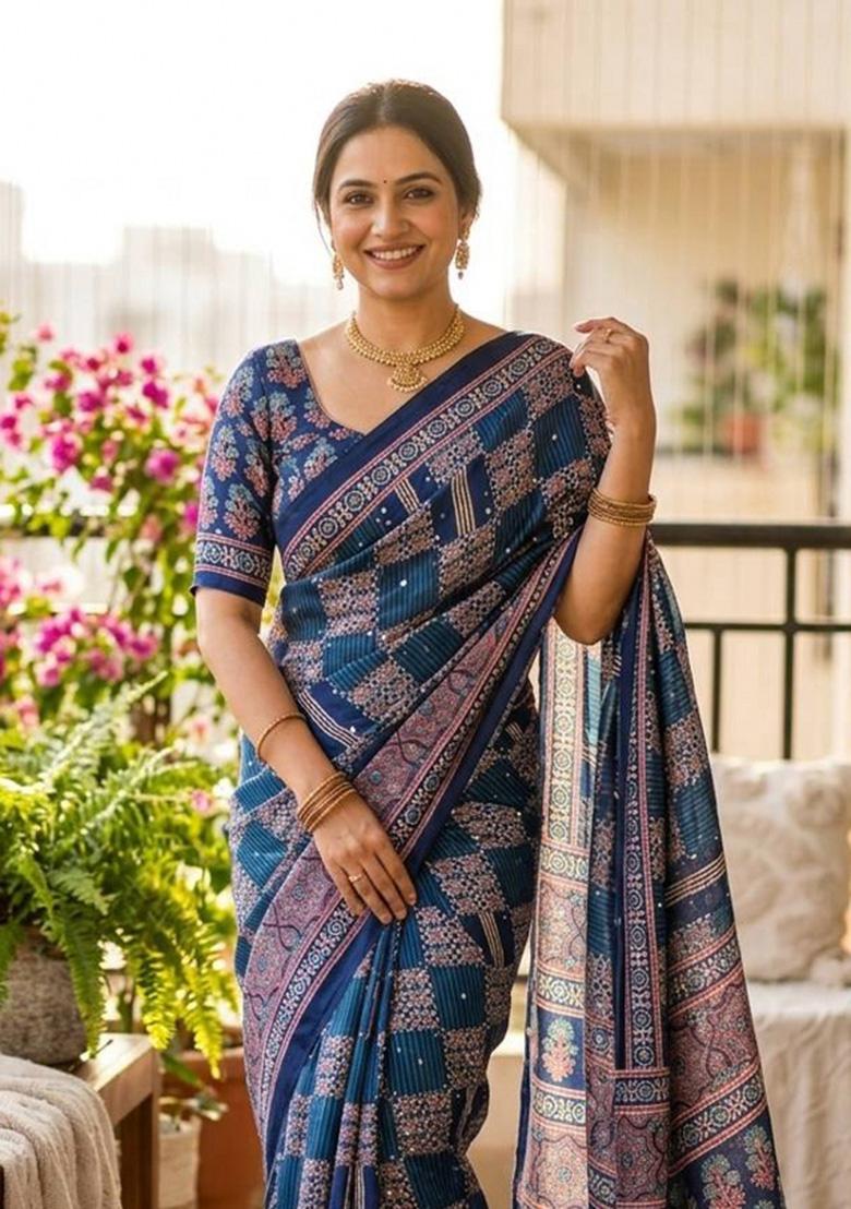 Blue Printed Silk Saree Set - Indya