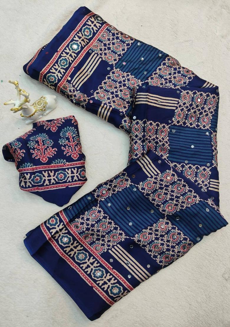 Blue Printed Silk Saree Set - Indya