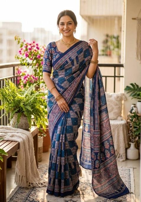 Blue Printed Silk Saree Set