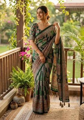 Green Printed Silk Saree Set