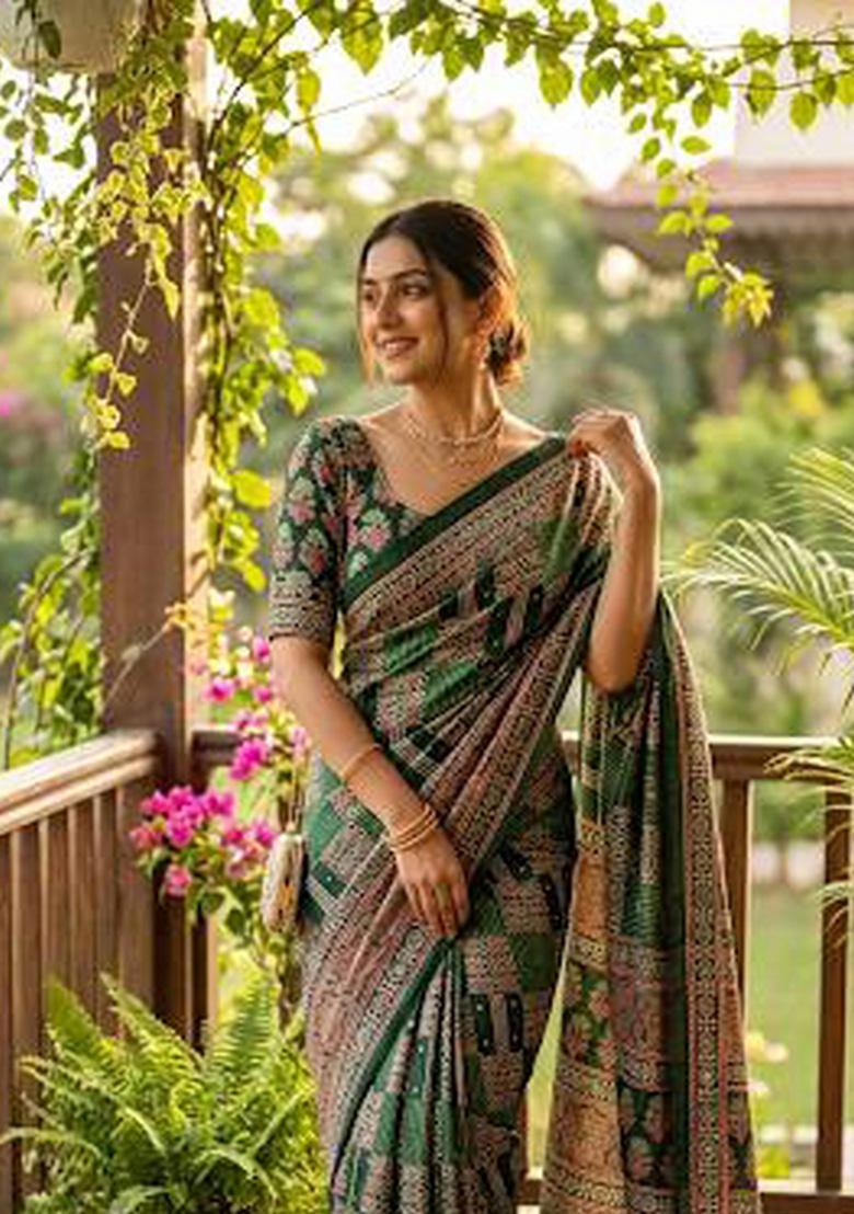Green Printed Silk Saree Set - Indya