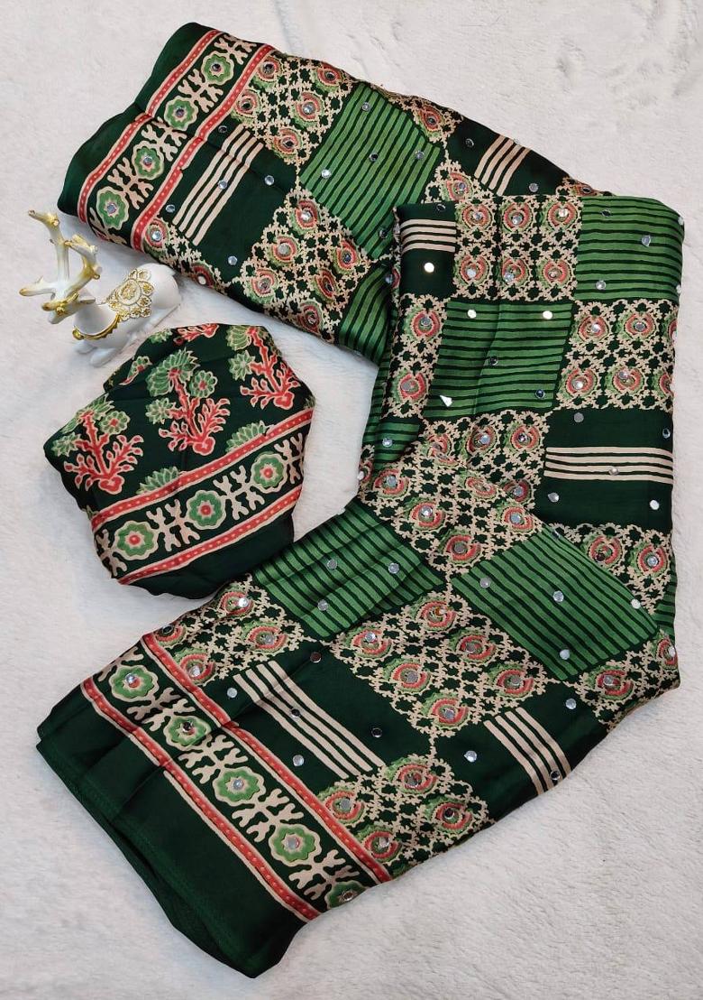 Green Printed Silk Saree Set - Indya