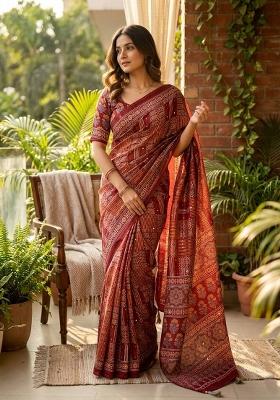 Red Printed Silk Saree Set