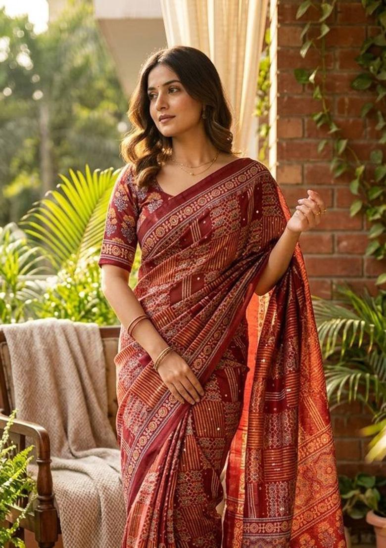 Red Printed Silk Saree Set - Indya