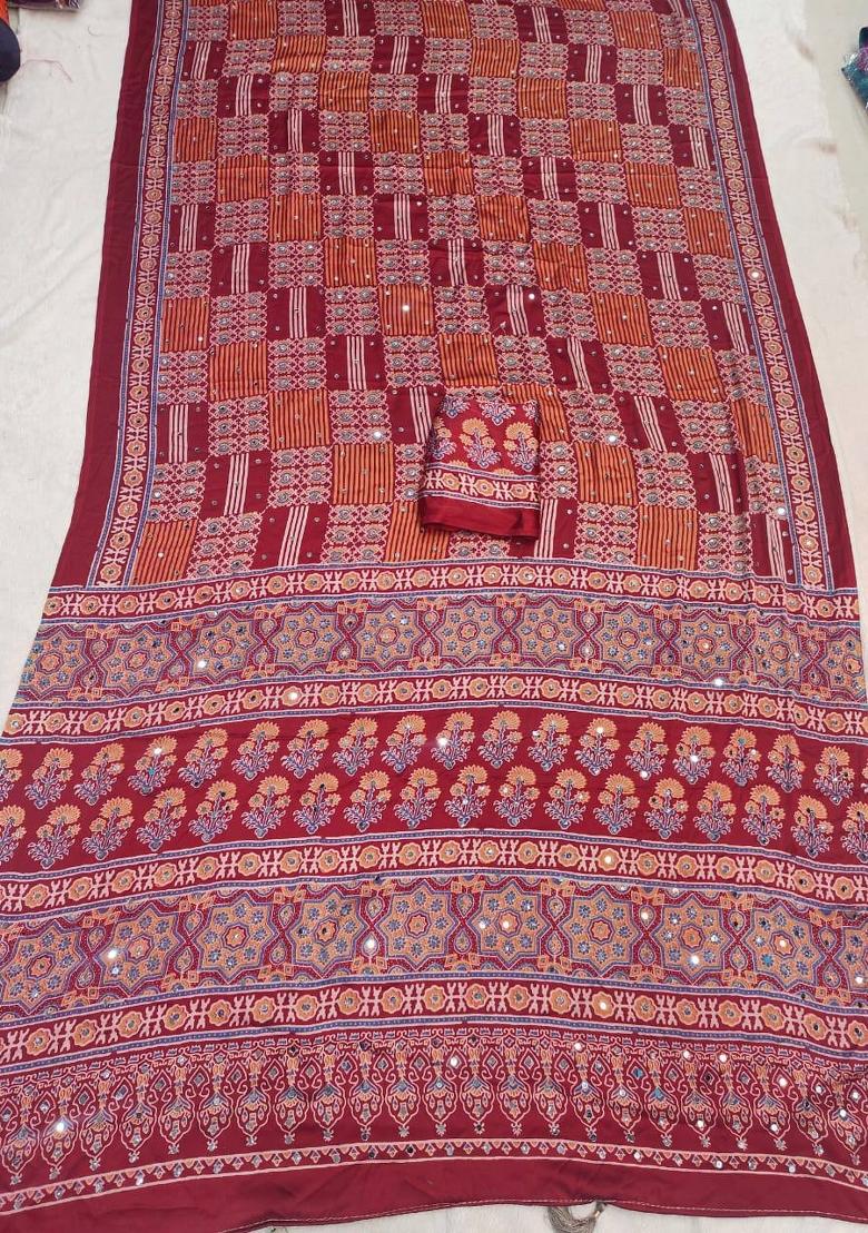 Red Printed Silk Saree Set - Indya