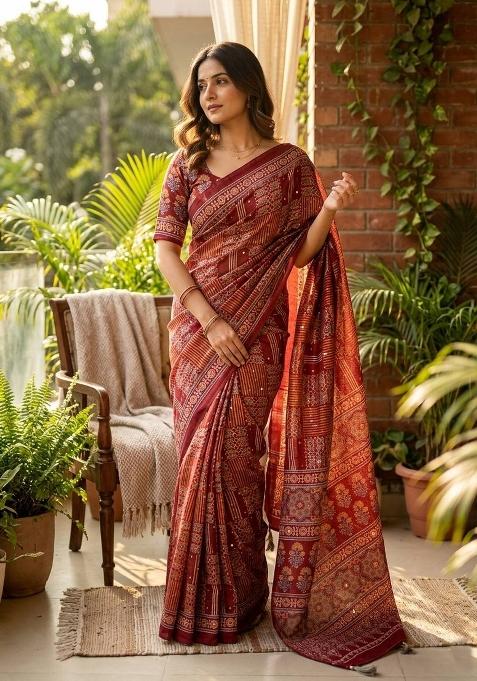 Red Printed Silk Saree Set