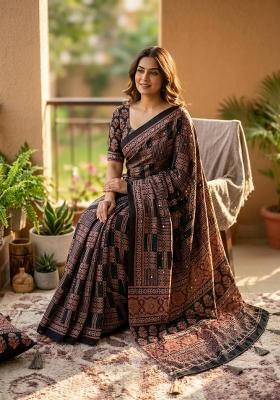 Black Printed Silk Saree Set
