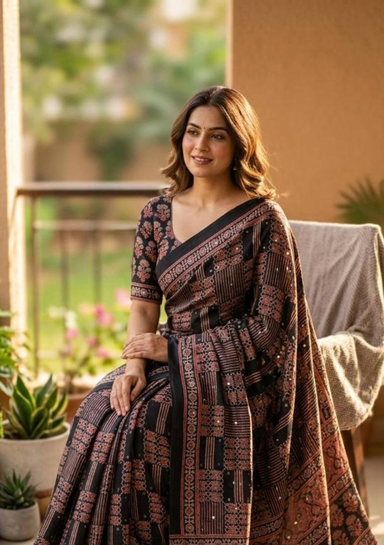 Black Printed Silk Saree Set - Indya
