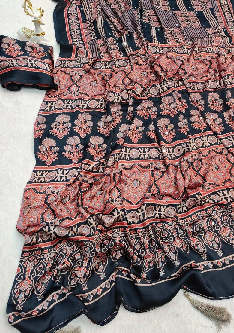 Black Printed Silk Saree Set - Indya