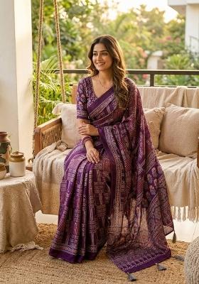 Purple Printed Silk Saree Set