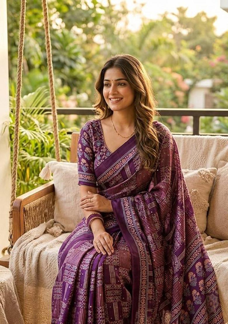 Purple Printed Silk Saree Set - Indya