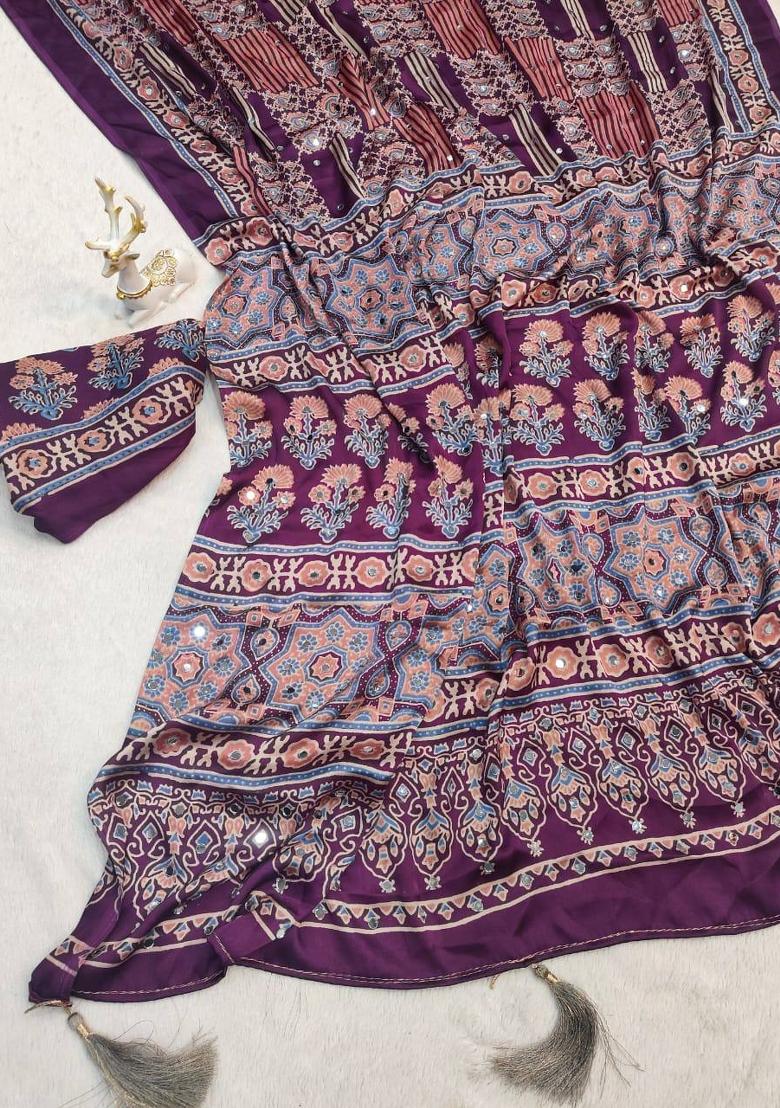 Purple Printed Silk Saree Set - Indya