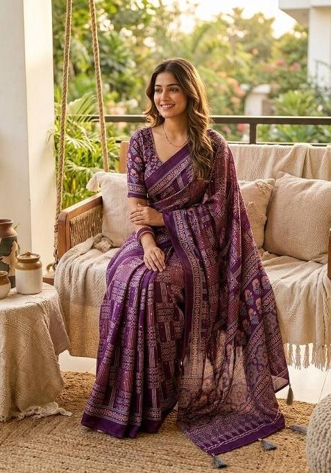Purple Printed Silk Saree Set