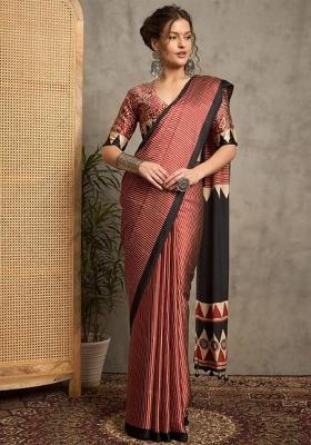 Red Printed Silk Saree Set