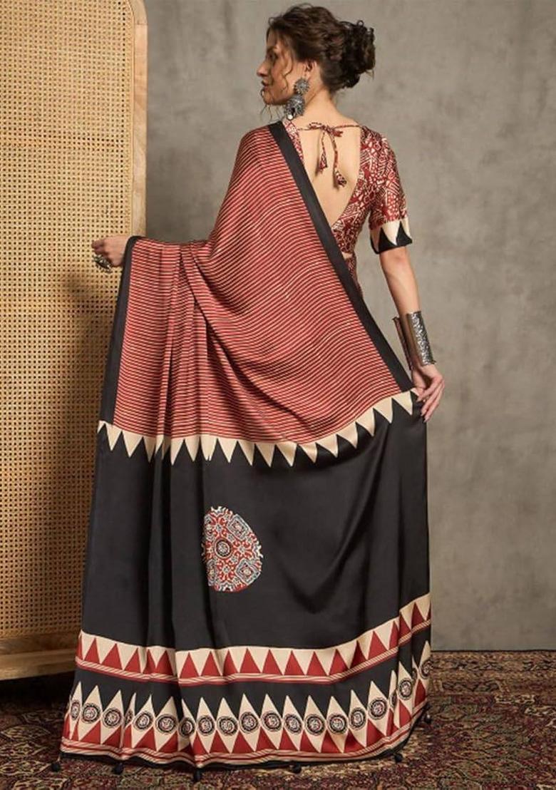 Red Printed Silk Saree Set - Indya