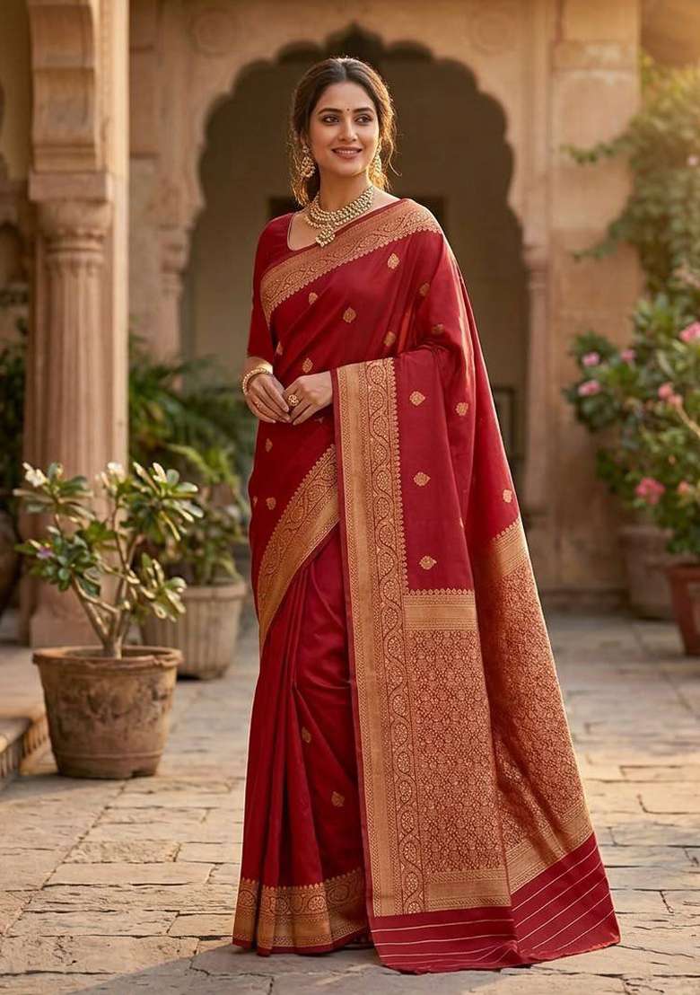 Red Zari Weaving Silk Saree Set for Diwali | Wedding & Festive Wear - Indya