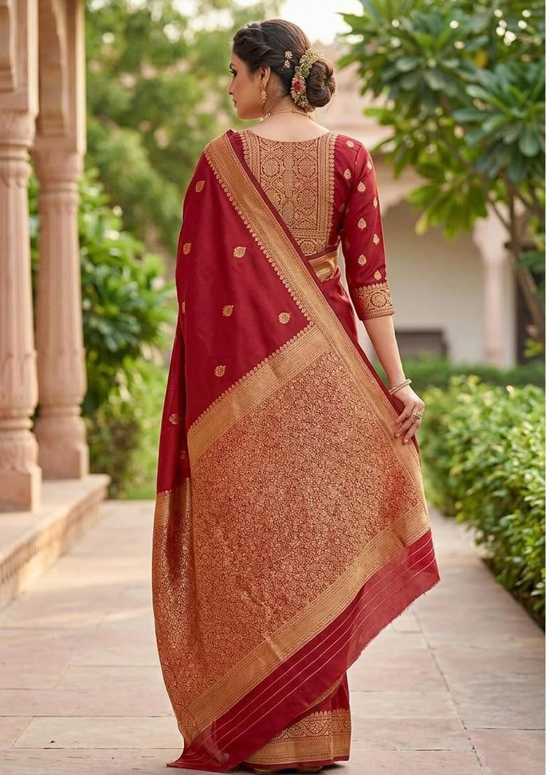 Red Zari Weaving Silk Saree Set - Indya