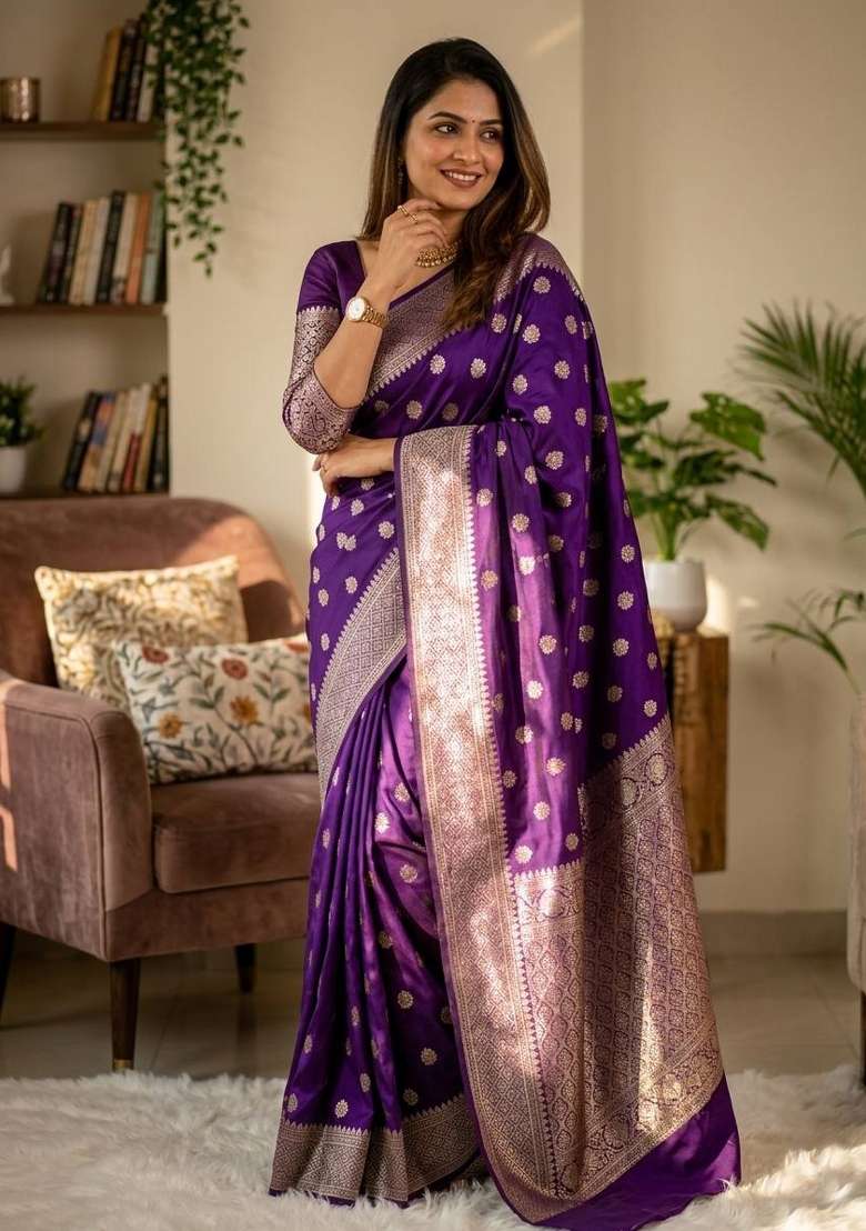 Purple Zari Weaving Banarasi Saree Set for Diwali and Festive Wear - Indya