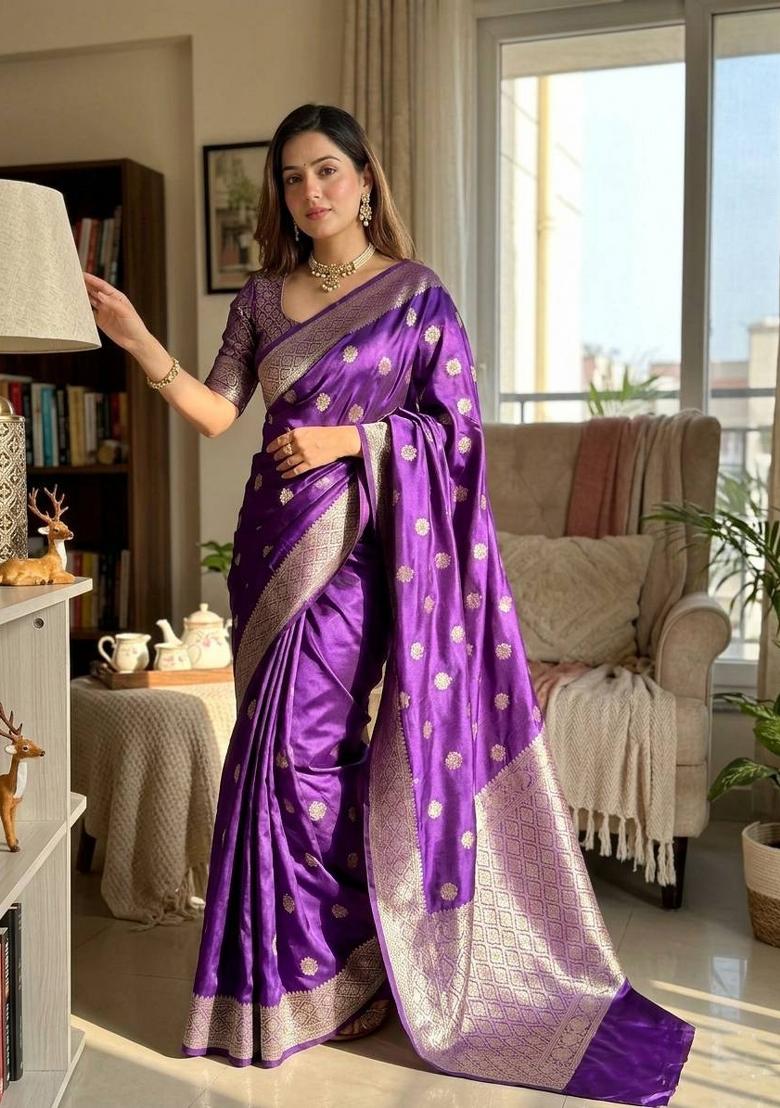 Purple Zari Weaving Banarasi Saree Set - Indya