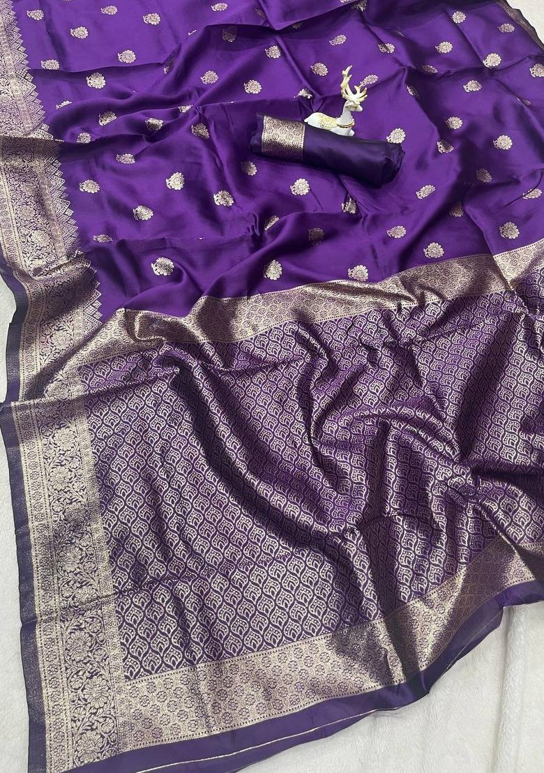 Purple Zari Weaving Banarasi Saree Set - Indya