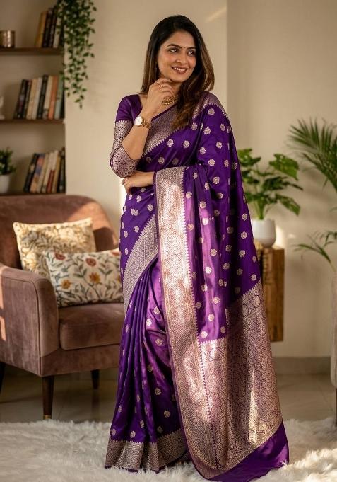 Purple Zari Weaving Banarasi Saree Set