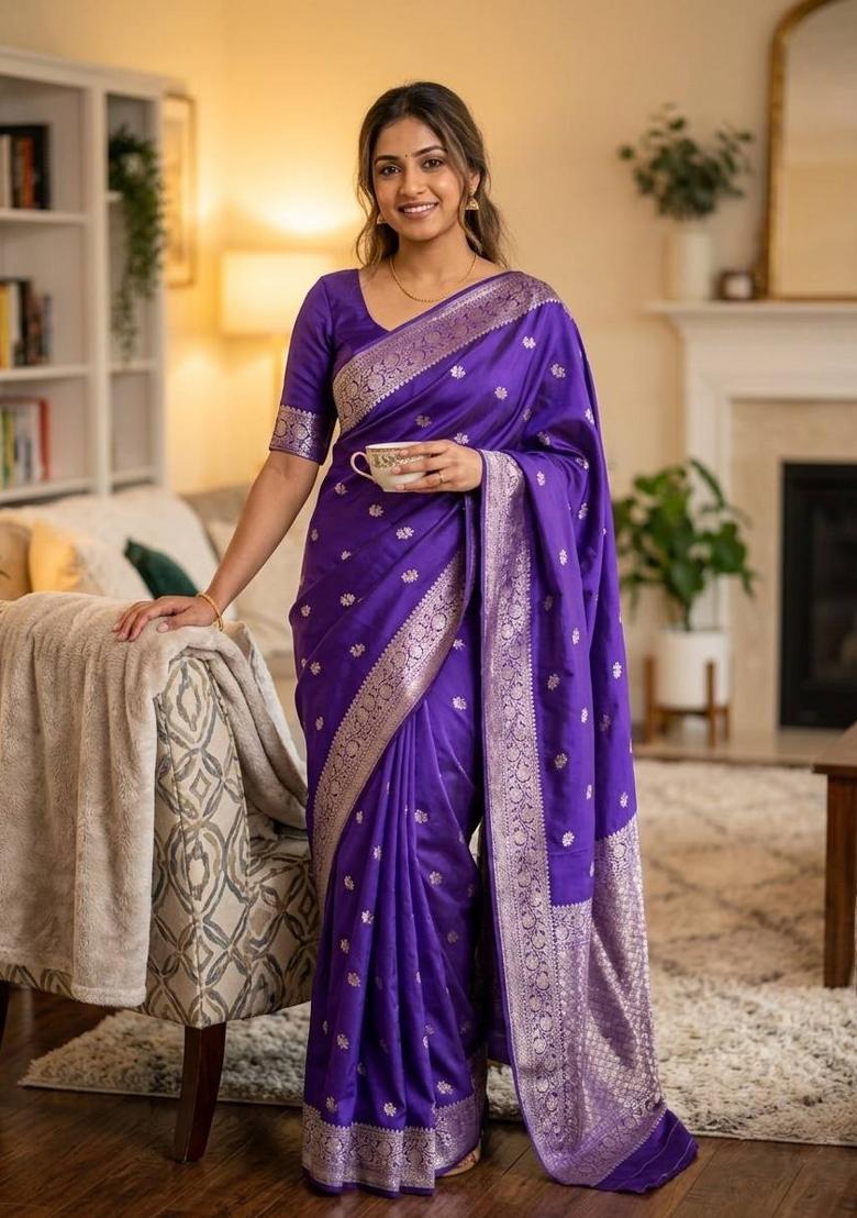 Blue Zari Weaving Banarasi Saree Set - Indya
