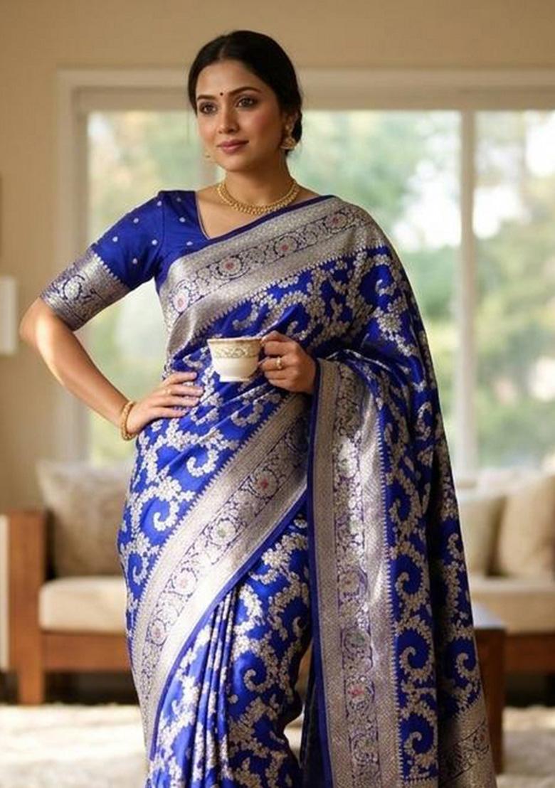 Blue Zari Weaving Banarasi Saree Set - Indya