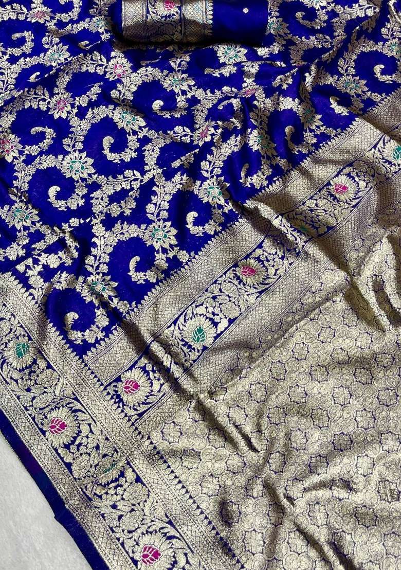 Blue Zari Weaving Banarasi Saree Set for Diwali and Festive Wear - Indya