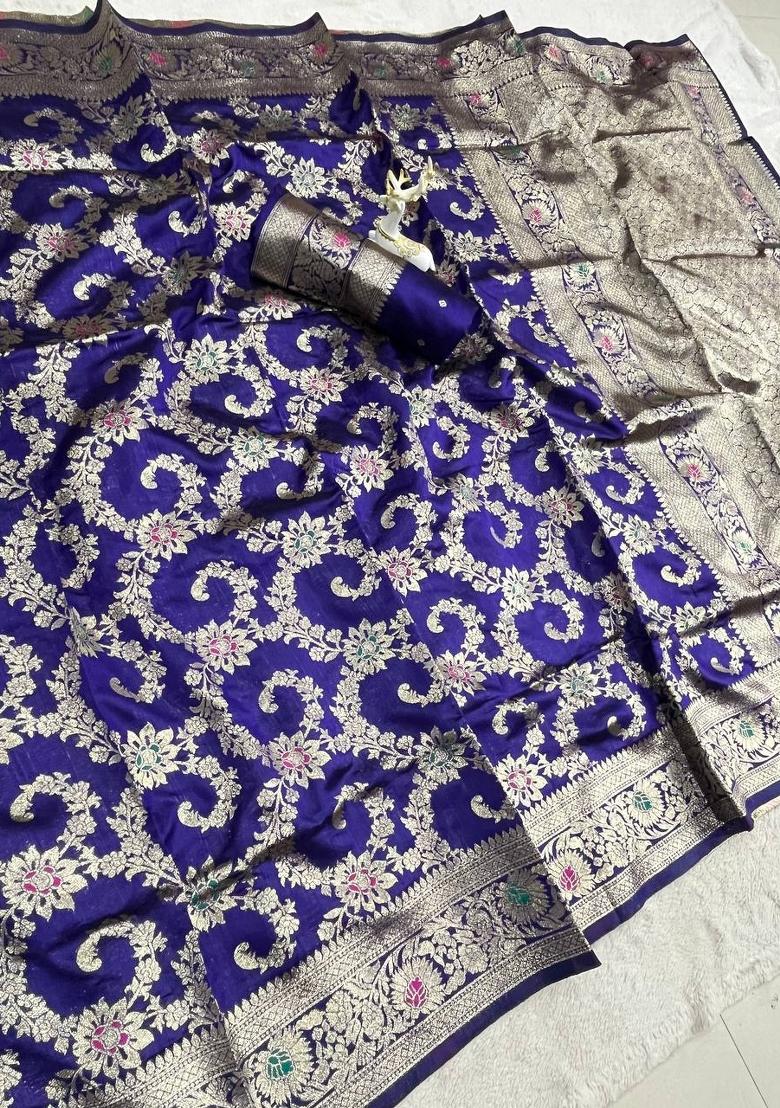 Blue Zari Weaving Banarasi Saree Set - Indya