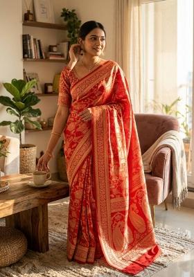 Red Zari Weaving Silk Saree Set