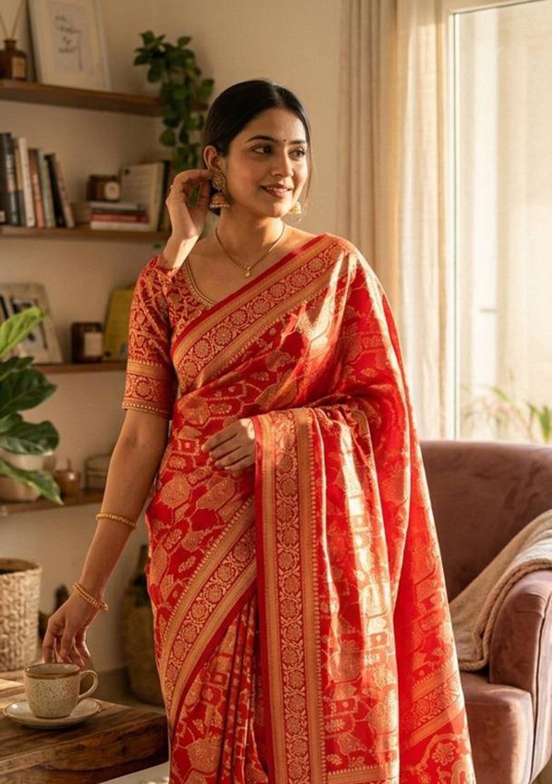 Red Zari Weaving Silk Saree Set - Indya