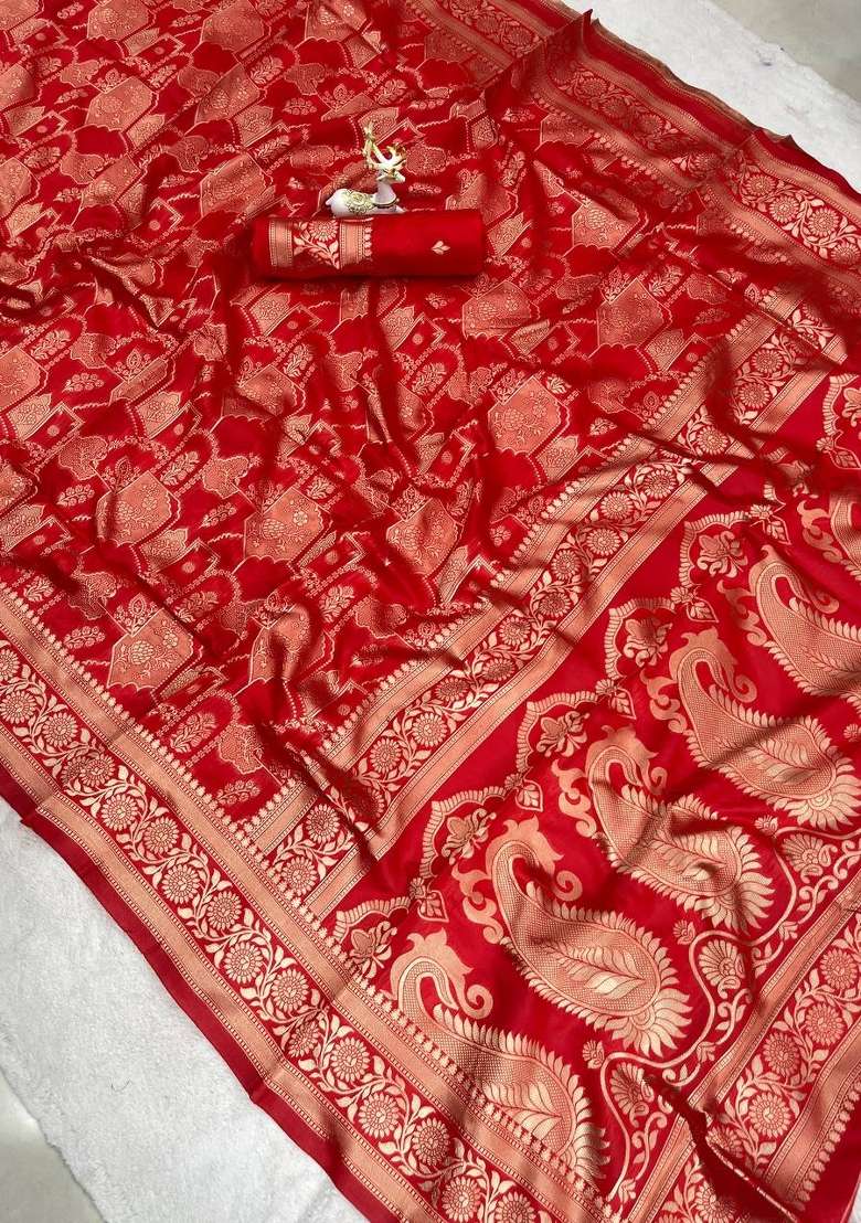 Red Zari Weaving Silk Saree Set for Diwali and Festive Wear - Indya
