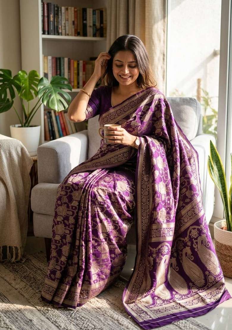 Purple Zari Weaving Silk Saree Set for Diwali | Wedding & Festive Wear - Indya