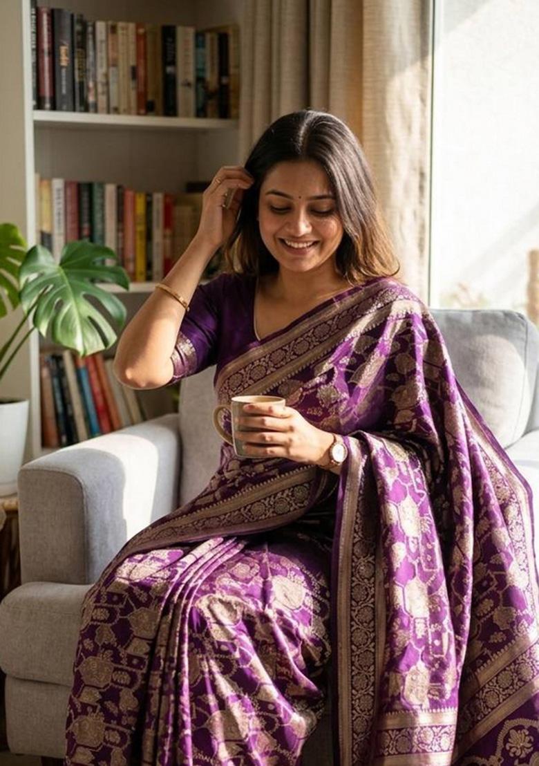 Purple Zari Weaving Silk Saree Set - Indya