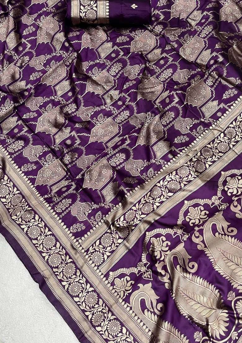 Purple Zari Weaving Silk Saree Set for Diwali | Wedding & Festive Wear - Indya